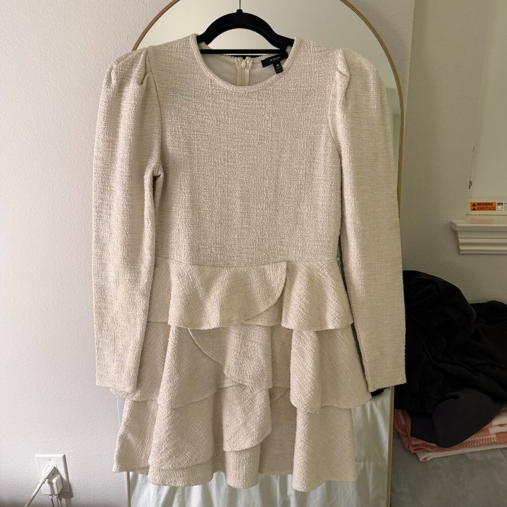 Aqua Off-White Boucle Long Sleeve Short Dress